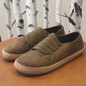 Olive Green Slip On Sneaker with Rainbow Stitching